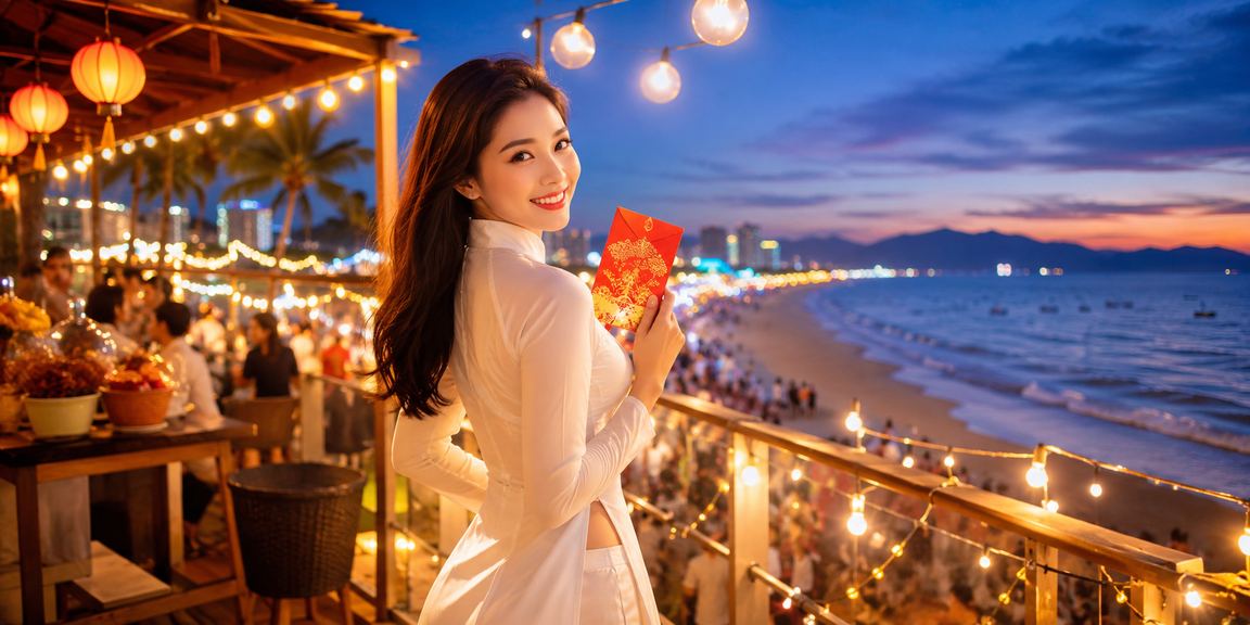 Người phụ nữ mặc áo dài tại Đà Nẵng cầm phong bao đỏ và điện thoại theo dõi kết quả xổ số