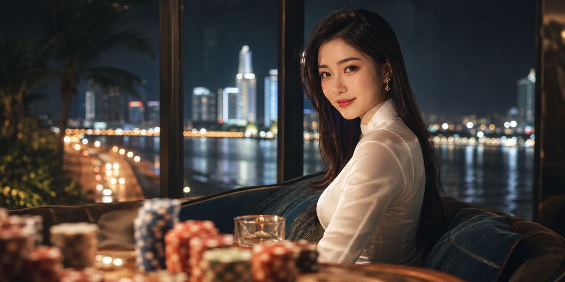 Người phụ nữ áo dài tại Mũi Né theo dõi xổ số và ưu đãi tiền thưởng trên điện thoại